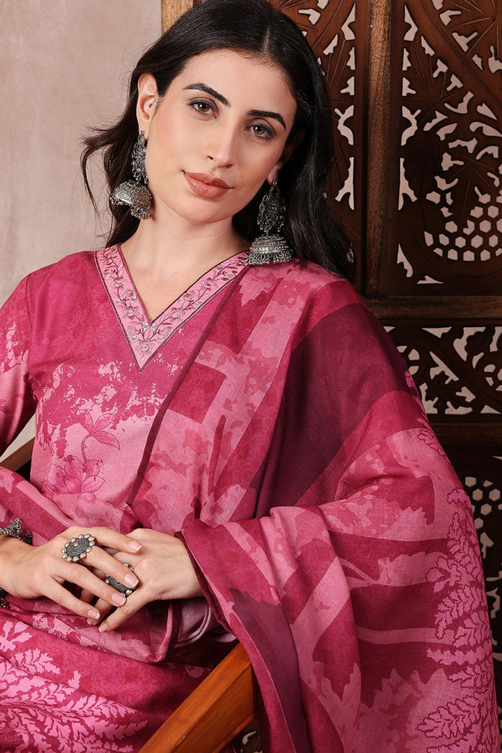 Pink Rayon Blend Ethnic Motifs Printed Straight Trouser Bottom Suit Set | SHOBITAM