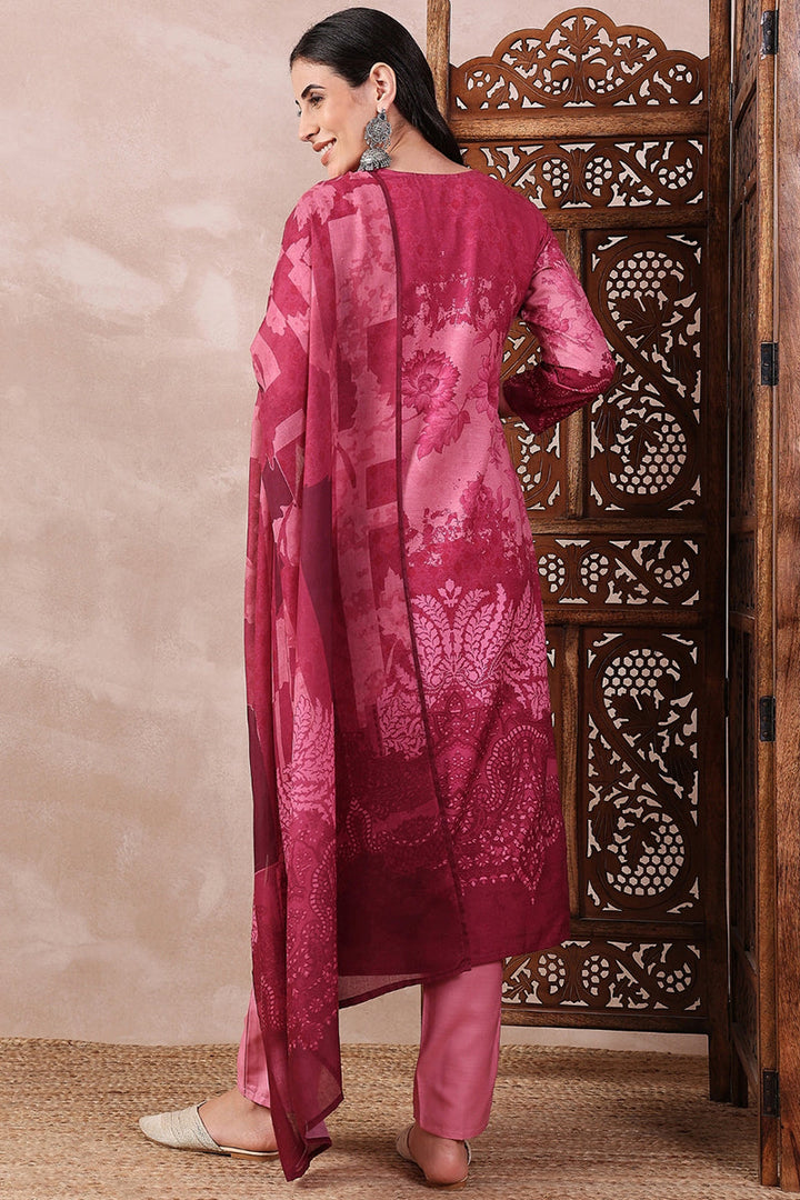 Pink Rayon Blend Ethnic Motifs Printed Straight Trouser Bottom Suit Set | SHOBITAM