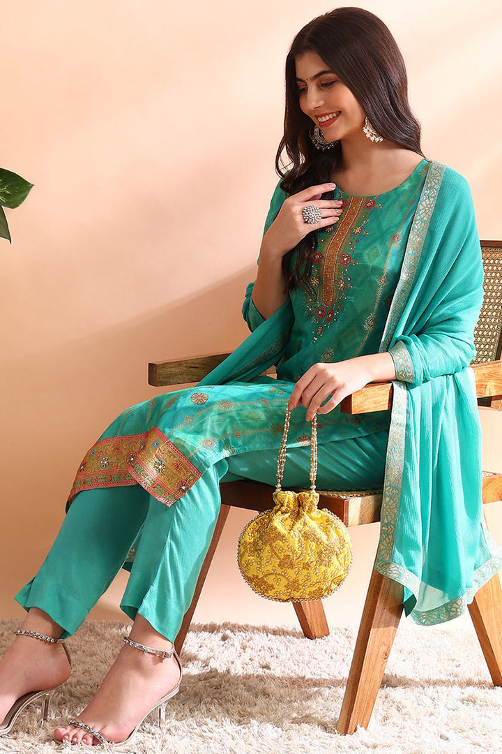 Sea Green Silk Blend Ethnic Motifs Woven Design Straight Trouser Bottom Suit Set | SHOBITAM