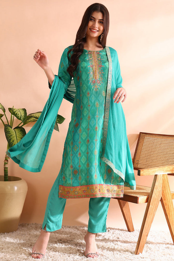 Sea Green Silk Blend Ethnic Motifs Woven Design Straight Trouser Bottom Suit Set | SHOBITAM