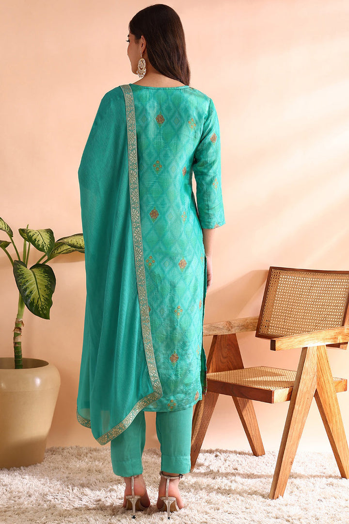 Sea Green Silk Blend Ethnic Motifs Woven Design Straight Trouser Bottom Suit Set | SHOBITAM