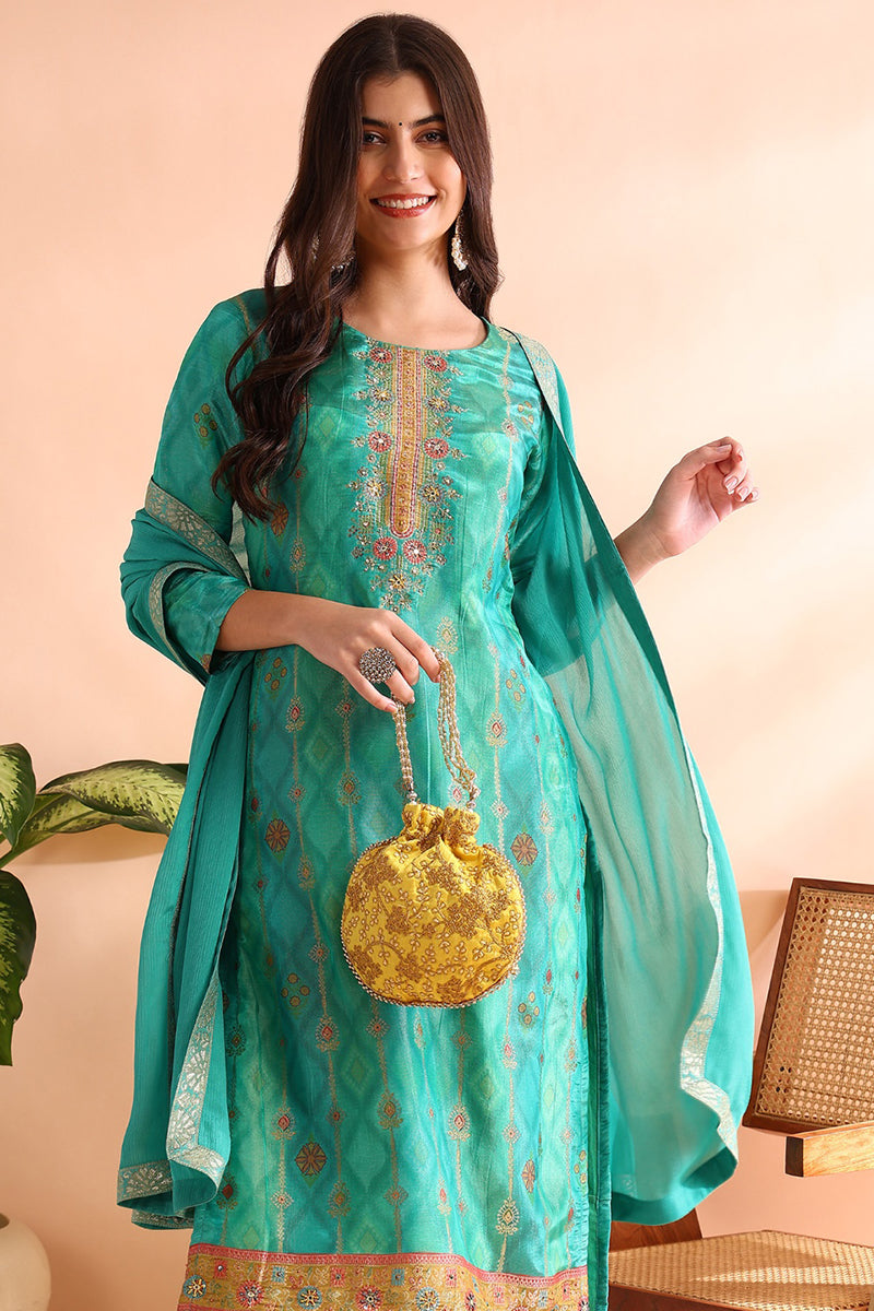 Sea Green Silk Blend Ethnic Motifs Woven Design Straight Trouser Bottom Suit Set | SHOBITAM