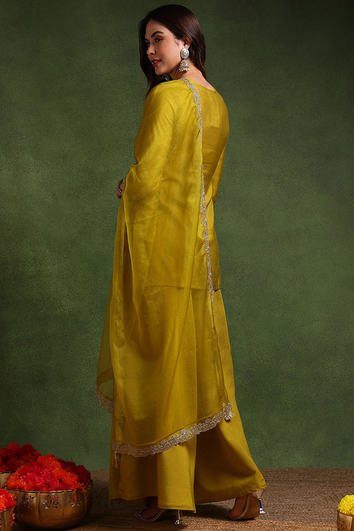 Lime Green Silk Blend Embroidered Straight Palazzo Suit Set | SHOBITAM