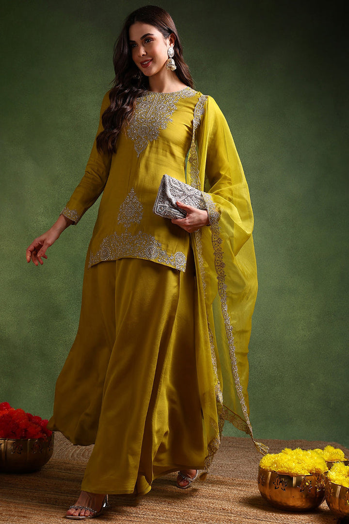 Lime Green Silk Blend Embroidered Straight Palazzo Suit Set | SHOBITAM