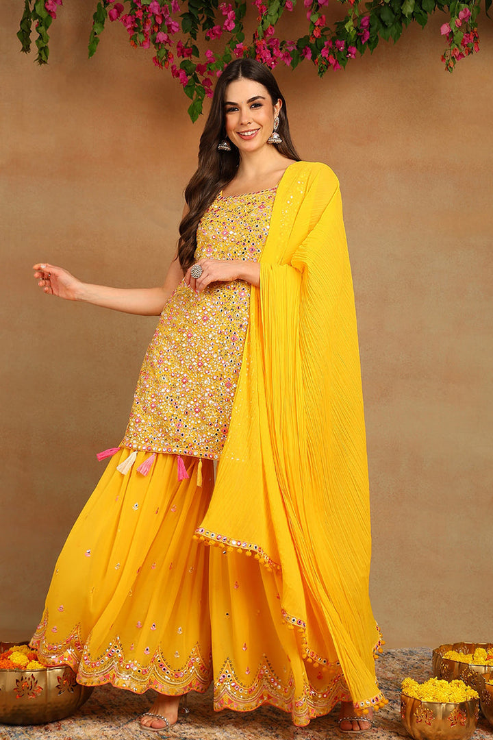 Yellow Georgette Solid Embroidered Straight Suit Set | SHOBITAM