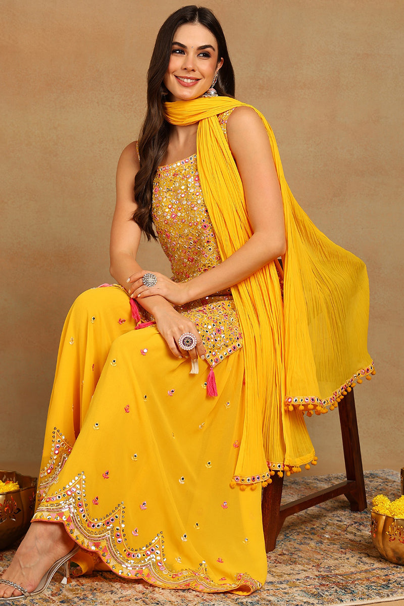 Yellow Georgette Solid Embroidered Straight Suit Set | SHOBITAM