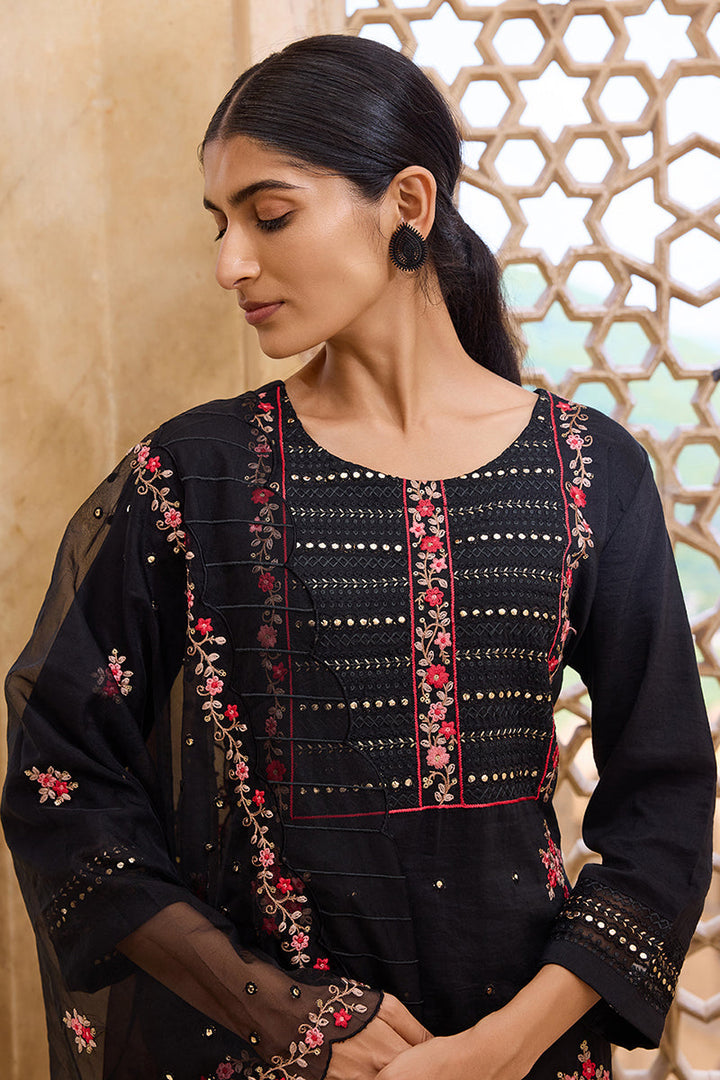 Black Silk Blend Solid Embroidered Straight Trouser Bottom Suit Set | SHOBITAM