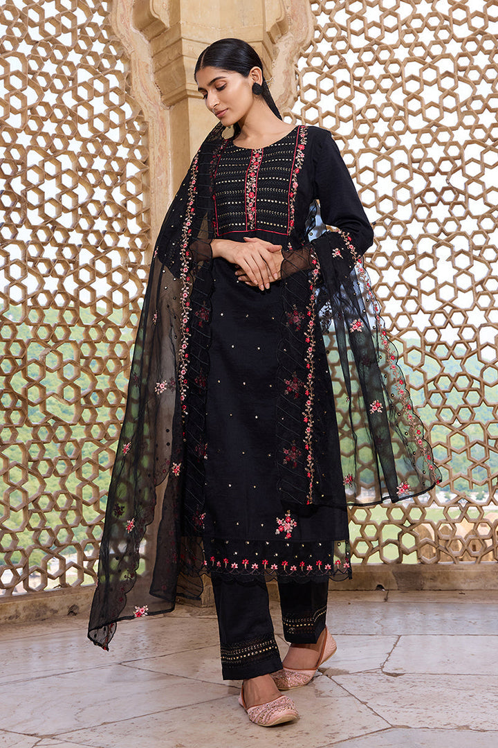 Black Silk Blend Solid Embroidered Straight Trouser Bottom Suit Set | SHOBITAM