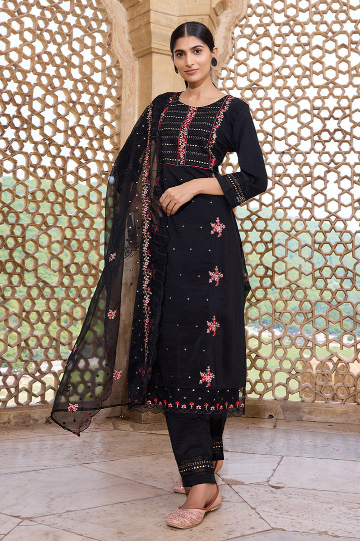 Black Silk Blend Solid Embroidered Straight Trouser Bottom Suit Set | SHOBITAM