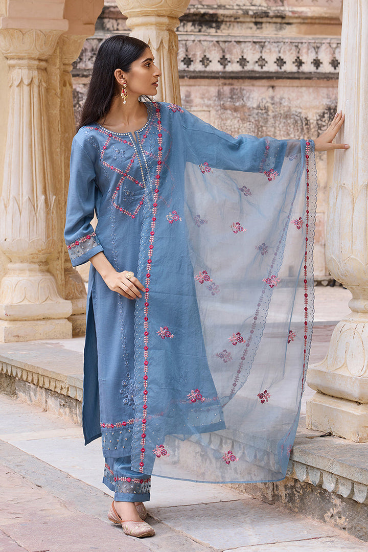 Blue Silk Blend Solid Embroidered Straight Trouser Bottom Suit Set | SHOBITAM