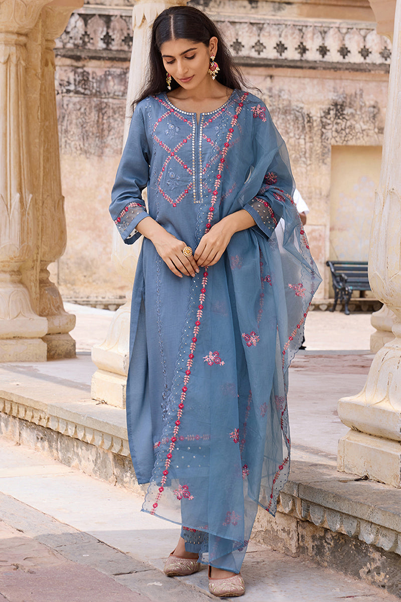 Blue Silk Blend Solid Embroidered Straight Trouser Bottom Suit Set | SHOBITAM
