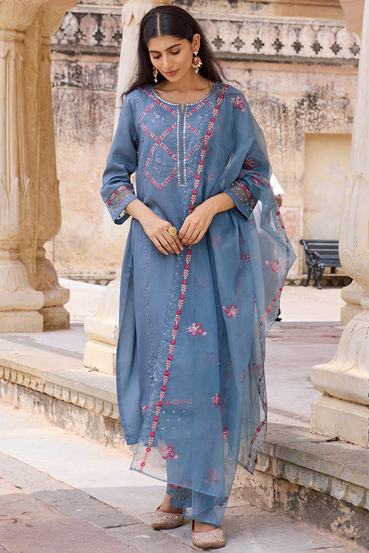 Blue Silk Blend Solid Embroidered Straight Trouser Bottom Suit Set | SHOBITAM