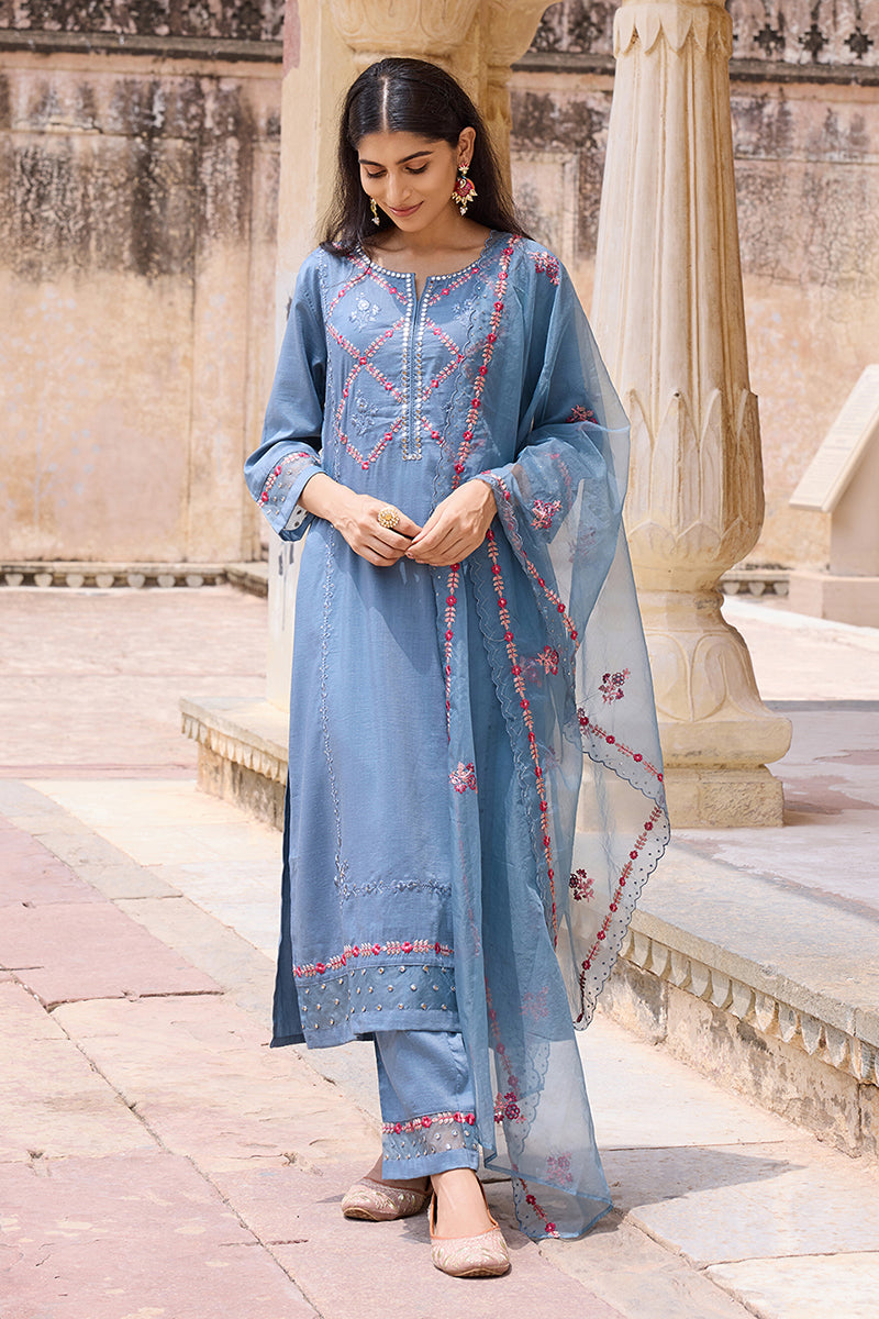 Blue Silk Blend Solid Embroidered Straight Trouser Bottom Suit Set | SHOBITAM