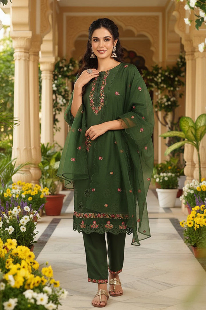 Green Silk Blend Solid Embroidered Straight Trouser Bottom Suit Set | SHOBITAM