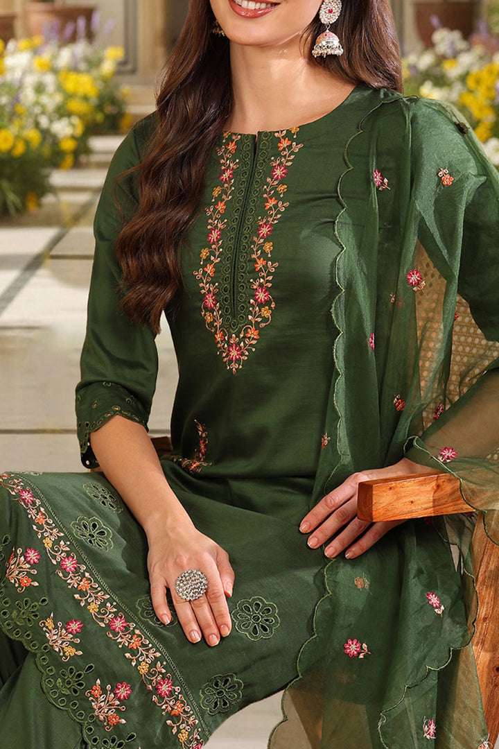 Green Silk Blend Solid Embroidered Straight Trouser Bottom Suit Set | SHOBITAM