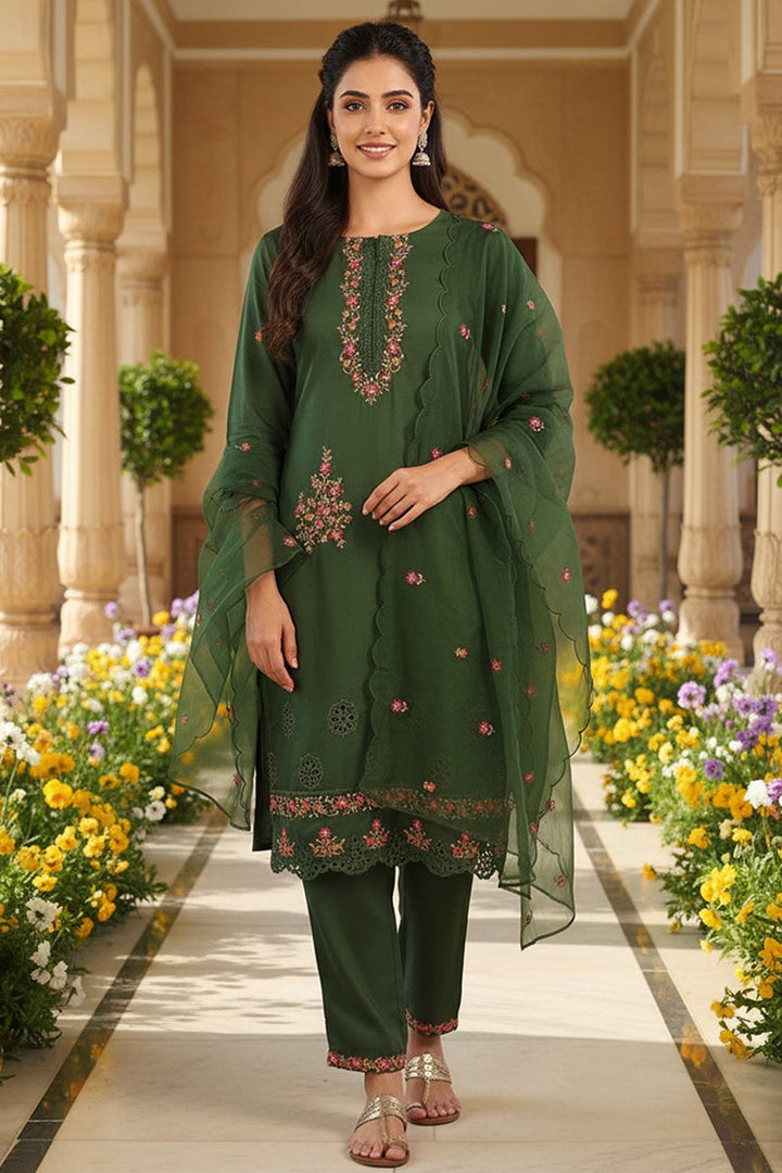 Green Silk Blend Solid Embroidered Straight Trouser Bottom Suit Set | SHOBITAM
