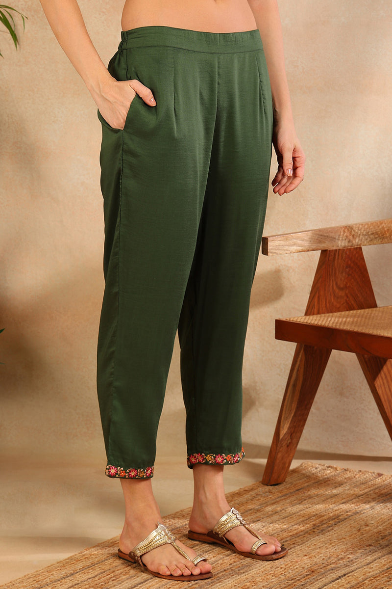 Green Silk Blend Solid Embroidered Straight Trouser Bottom Suit Set | SHOBITAM