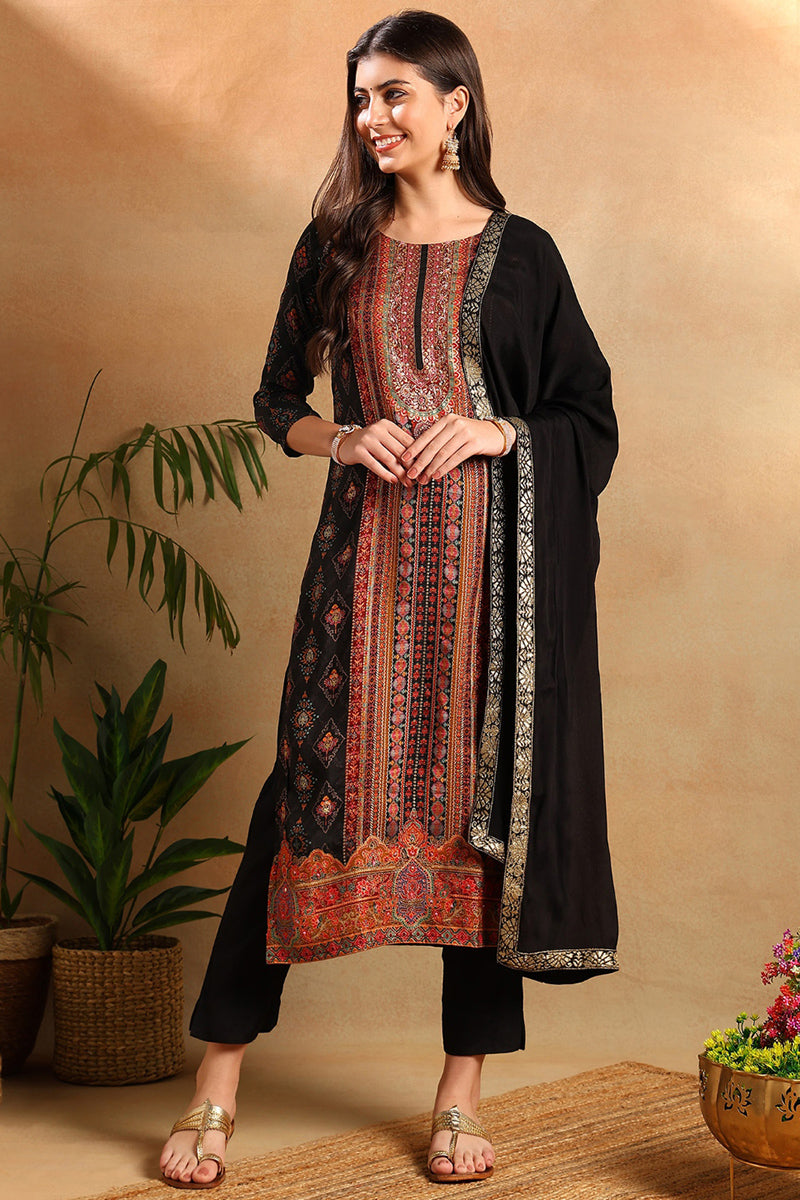 Black Chanderi Ethnic Motifs Woven Design Straight Trouser Suit Set | SHOBITAM