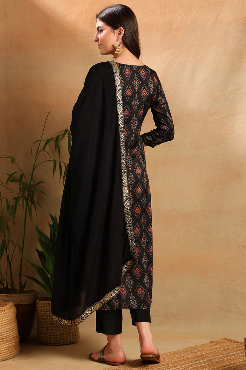 Black Chanderi Ethnic Motifs Woven Design Straight Trouser Suit Set | SHOBITAM