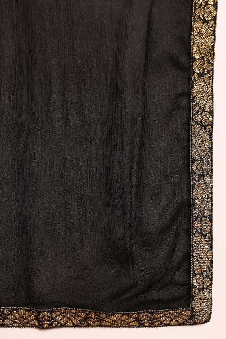 Black Chanderi Ethnic Motifs Woven Design Straight Trouser Suit Set | SHOBITAM