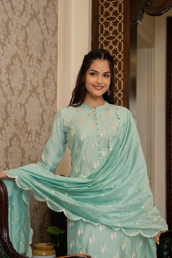 Sea Green Silk Blend Solid Embroidered Straight Suit Set With Trouser Bottom  | SHOBITAM