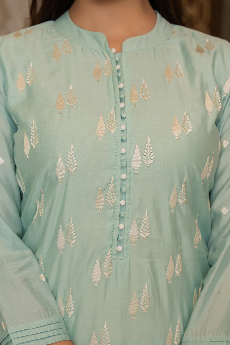 Sea Green Silk Blend Solid Embroidered Straight Suit Set With Trouser Bottom  | SHOBITAM