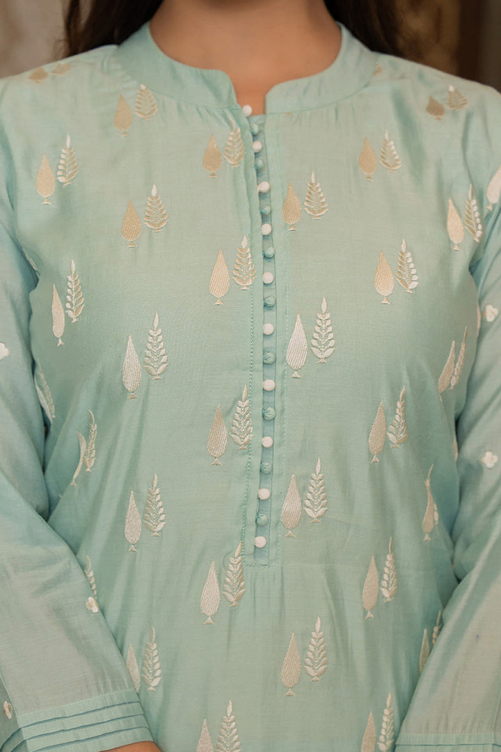 Sea Green Silk Blend Solid Embroidered Straight Suit Set With Trouser Bottom  | SHOBITAM