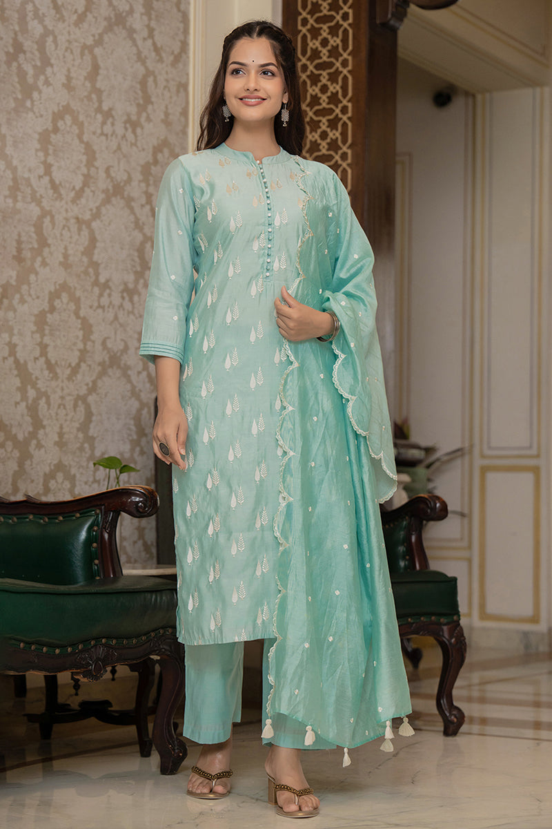 Sea Green Silk Blend Solid Embroidered Straight Suit Set With Trouser Bottom  | SHOBITAM