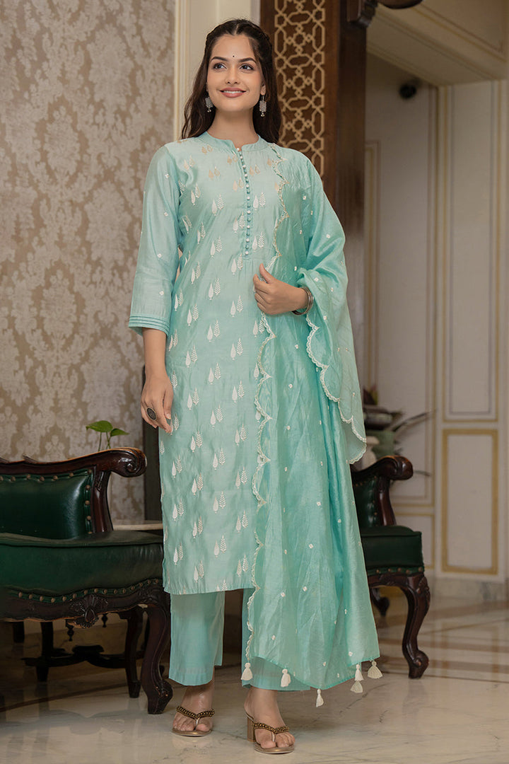 Sea Green Silk Blend Solid Embroidered Straight Suit Set With Trouser Bottom  | SHOBITAM