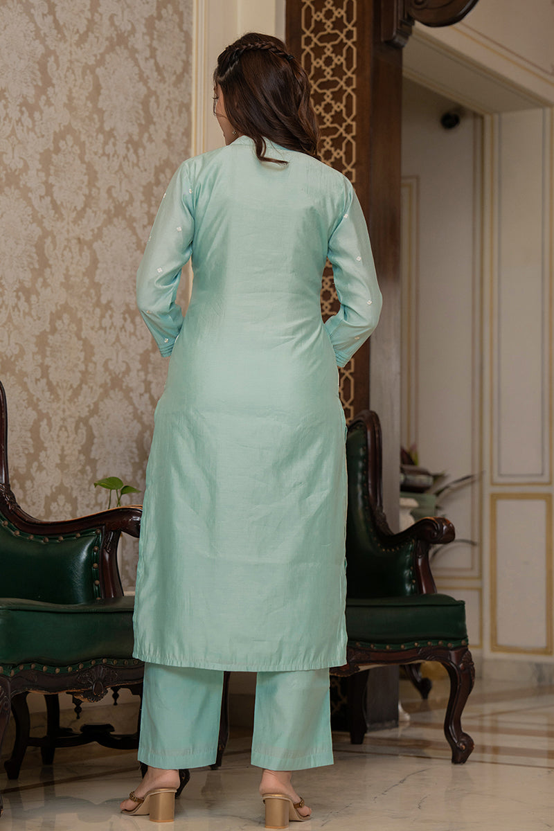 Sea Green Silk Blend Solid Embroidered Straight Suit Set With Trouser Bottom  | SHOBITAM