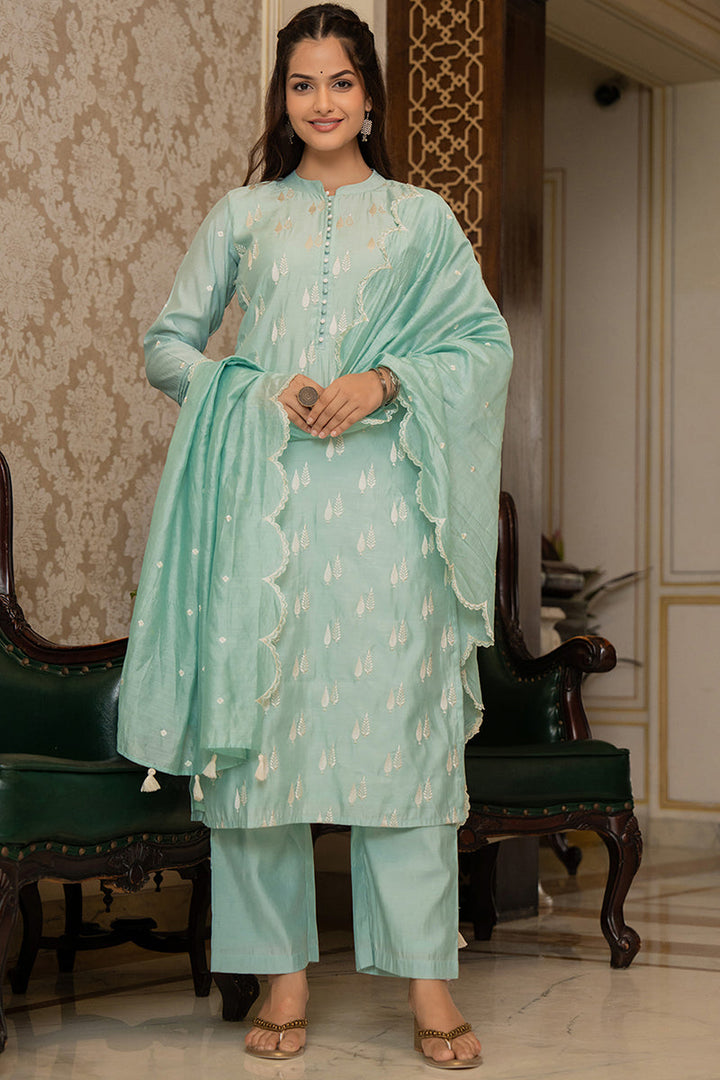 Sea Green Silk Blend Solid Embroidered Straight Suit Set With Trouser Bottom  | SHOBITAM