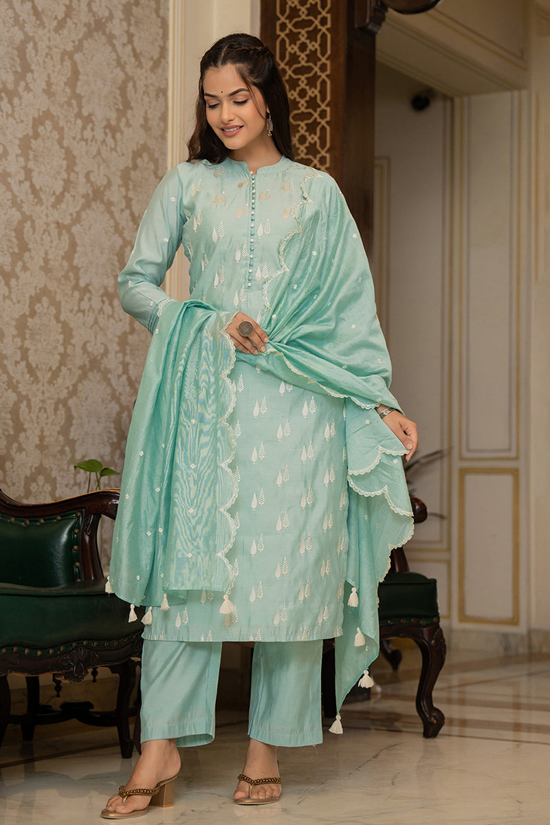 Sea Green Silk Blend Solid Embroidered Straight Suit Set With Trouser Bottom  | SHOBITAM