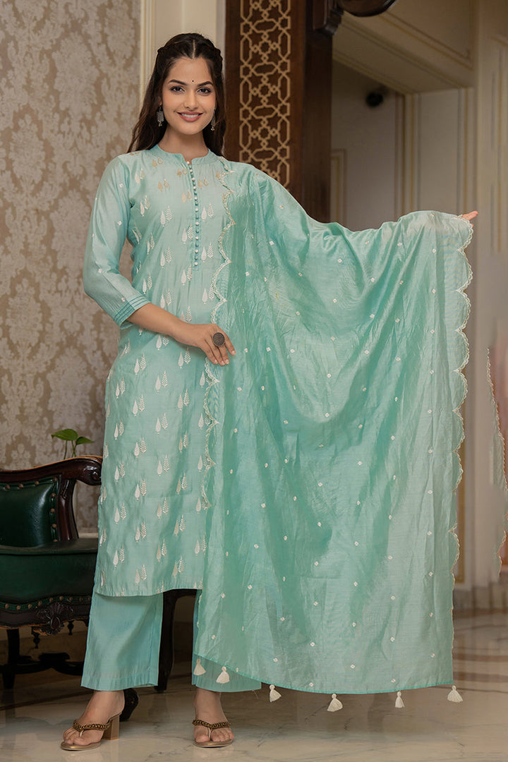 Sea Green Silk Blend Solid Embroidered Straight Suit Set With Trouser Bottom  | SHOBITAM