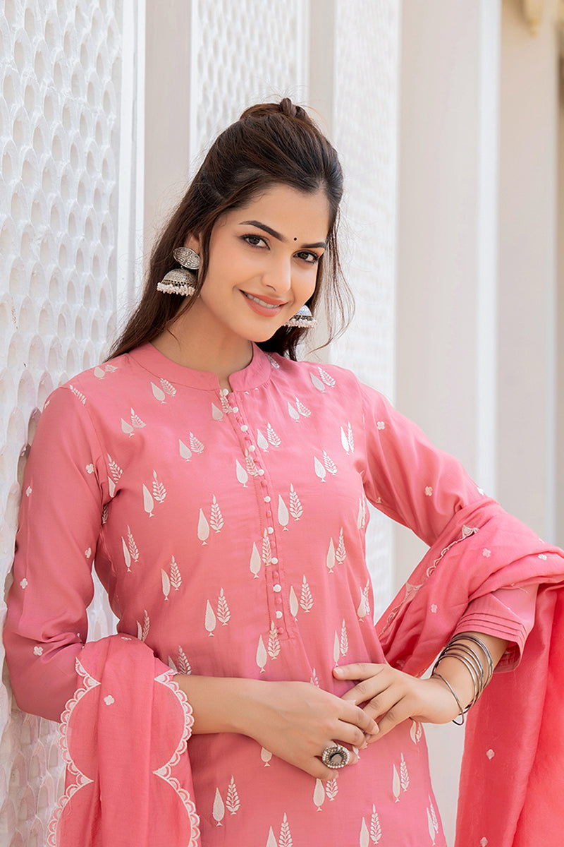 Pink Silk Blend Solid Embroidered Straight Suit Set With Trouser Bottom  | SHOBITAM