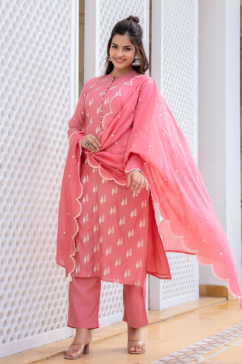 Pink Silk Blend Solid Embroidered Straight Suit Set With Trouser Bottom  | SHOBITAM