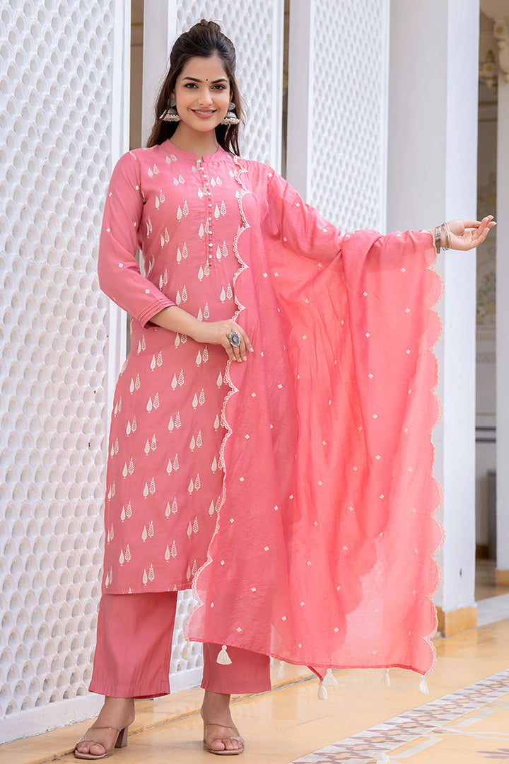 Pink Silk Blend Solid Embroidered Straight Suit Set With Trouser Bottom  | SHOBITAM