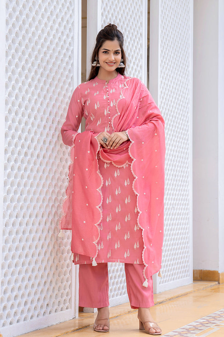 Pink Silk Blend Solid Embroidered Straight Suit Set With Trouser Bottom  | SHOBITAM