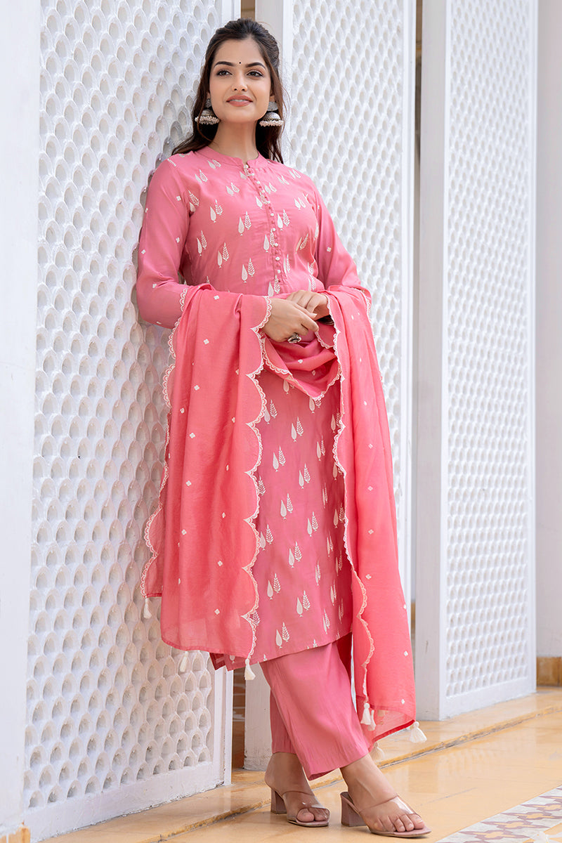 Pink Silk Blend Solid Embroidered Straight Suit Set With Trouser Bottom  | SHOBITAM