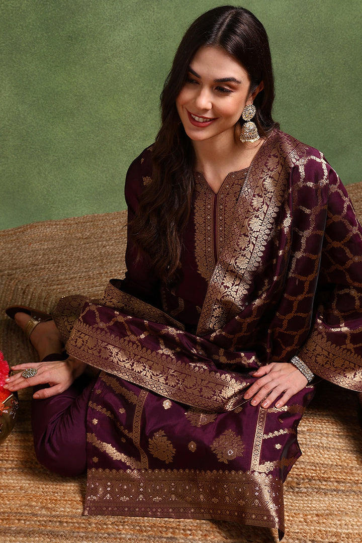 Dark Wine Chanderi Silk Woven Design Straight Trouser Suit Set | SHOBITAM