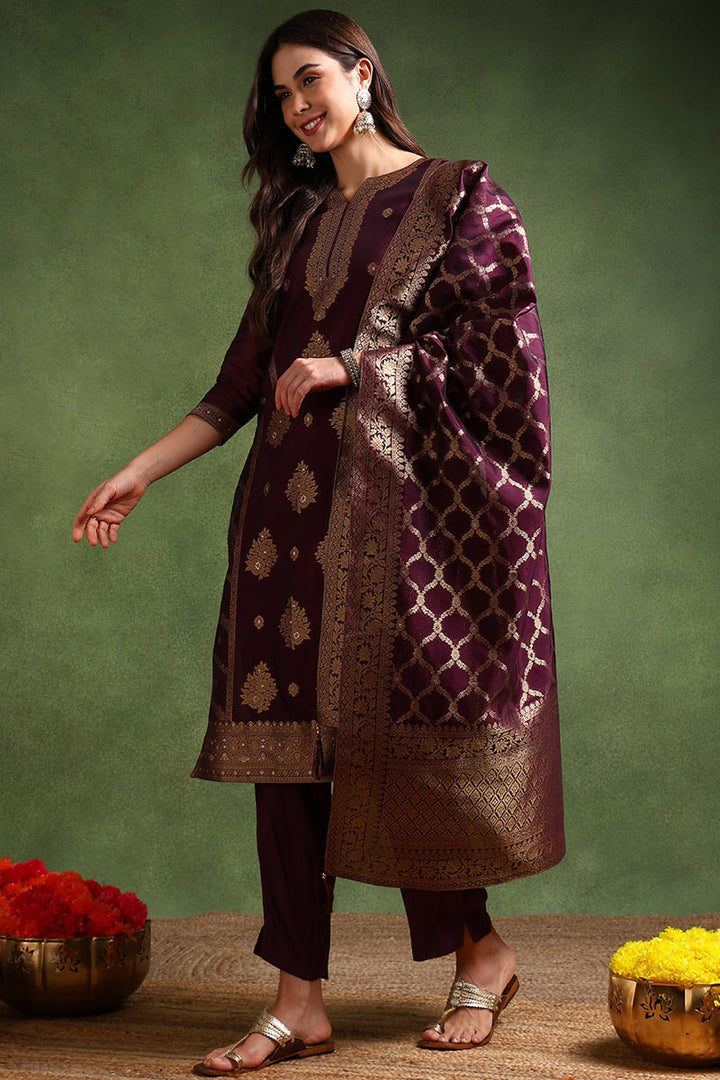 Dark Wine Chanderi Silk Woven Design Straight Trouser Suit Set | SHOBITAM
