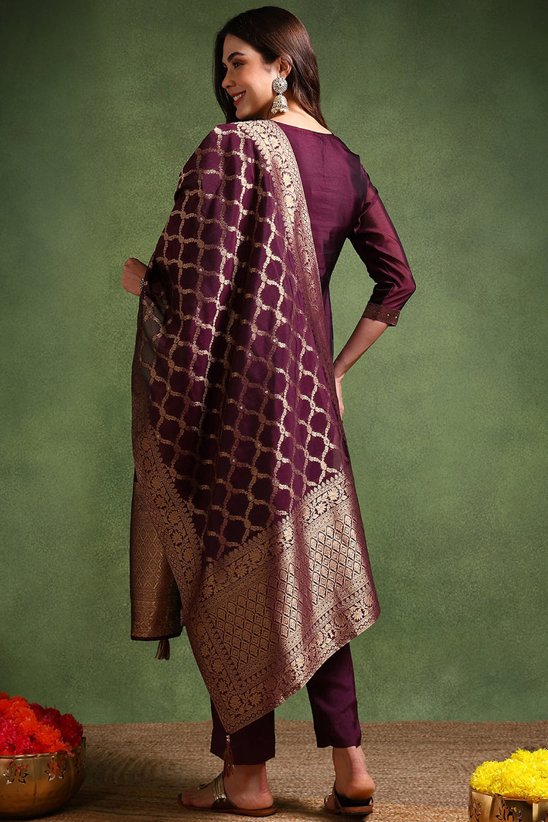 Dark Wine Chanderi Silk Woven Design Straight Trouser Suit Set | SHOBITAM