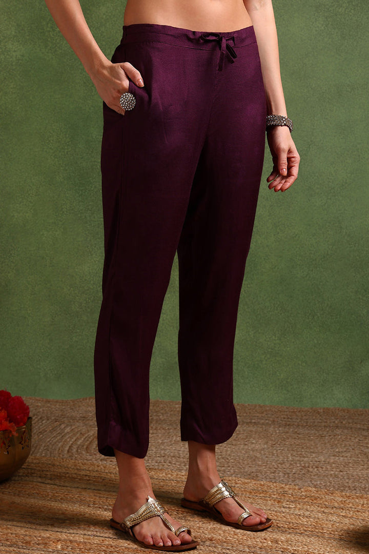 Dark Wine Chanderi Silk Woven Design Straight Trouser Suit Set | SHOBITAM