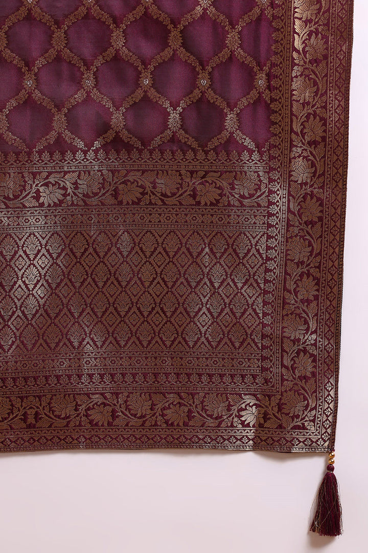 Dark Wine Chanderi Silk Woven Design Straight Trouser Suit Set | SHOBITAM