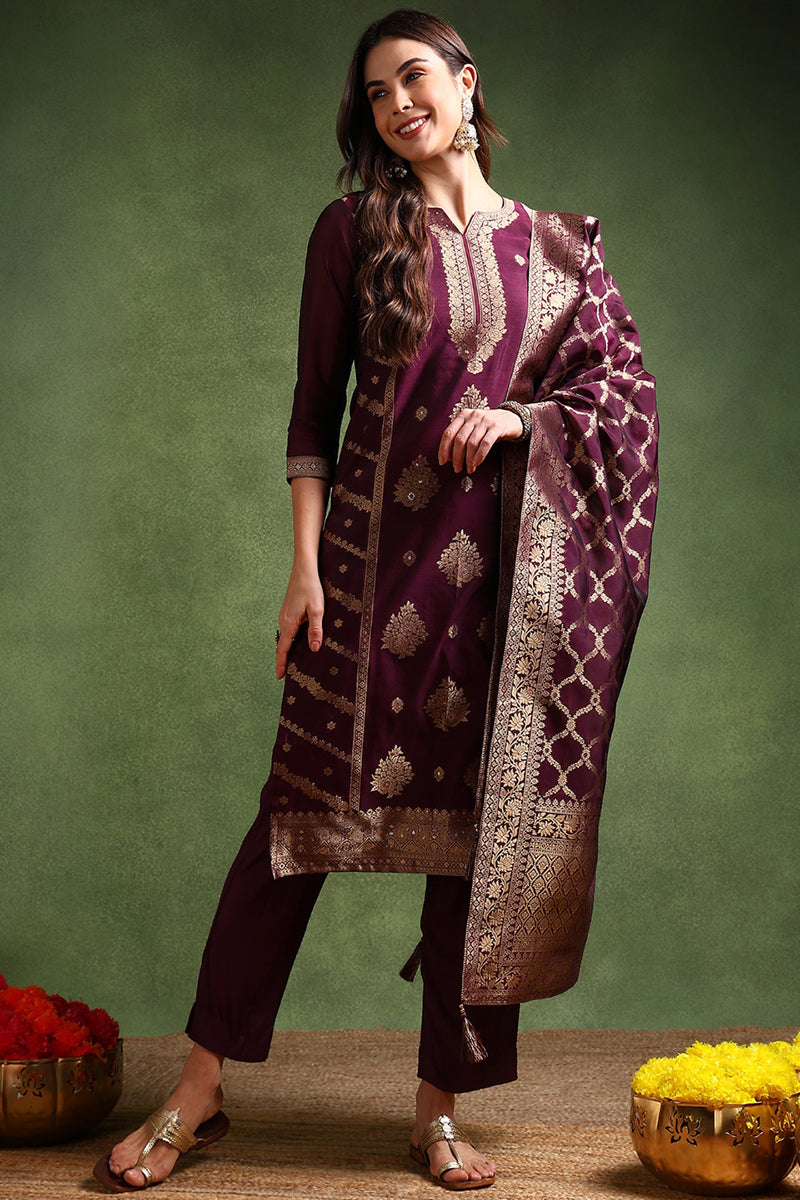 Dark Wine Chanderi Silk Woven Design Straight Trouser Suit Set | SHOBITAM