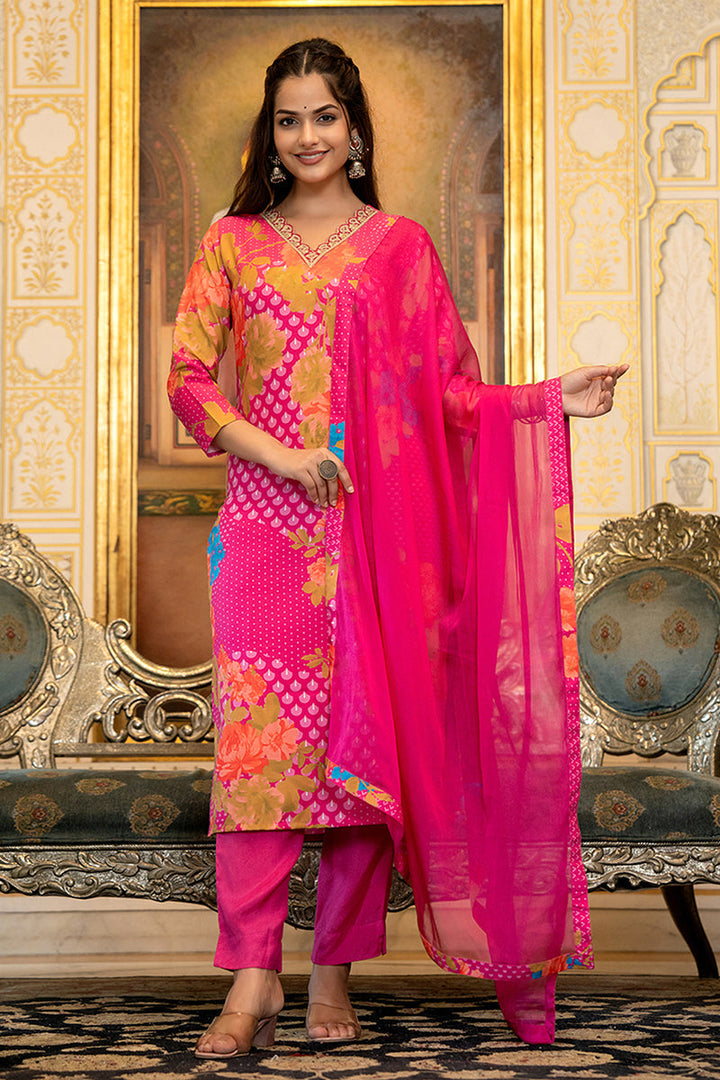 Pink Silk Blend Floral Printed Straight Suit Set With Trouser Bottom | SHOBITAM
