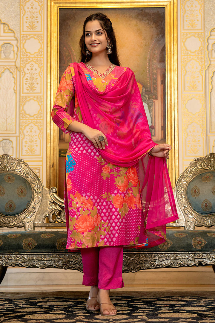 Pink Silk Blend Floral Printed Straight Suit Set With Trouser Bottom | SHOBITAM