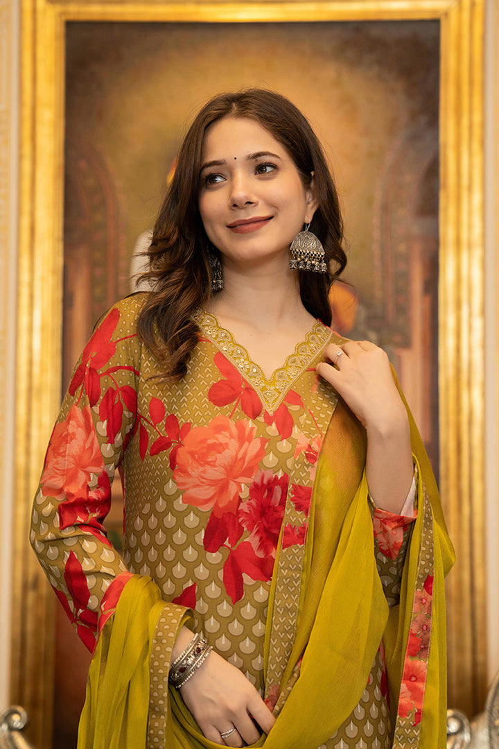 Green Silk Blend Floral Printed Straight Suit Set With Trouser Bottom | SHOBITAM
