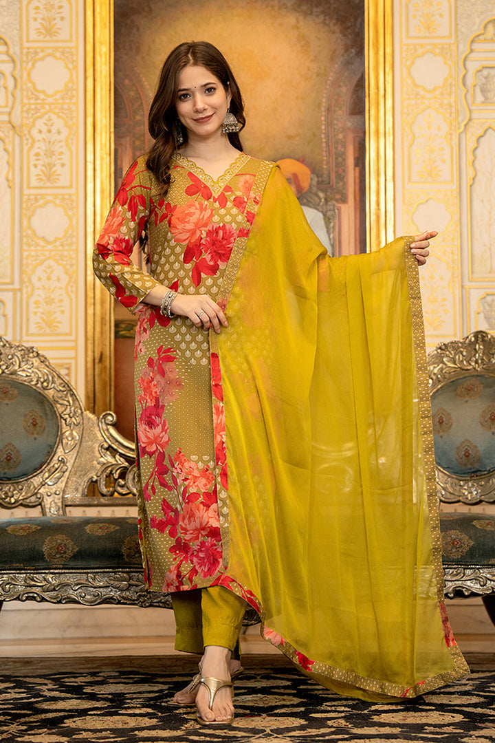 Green Silk Blend Floral Printed Straight Suit Set With Trouser Bottom | SHOBITAM