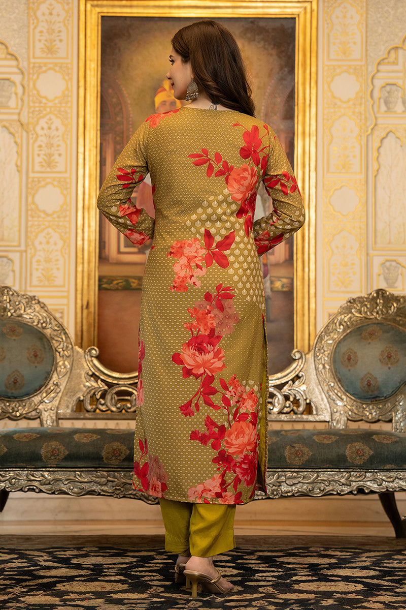 Green Silk Blend Floral Printed Straight Suit Set With Trouser Bottom | SHOBITAM