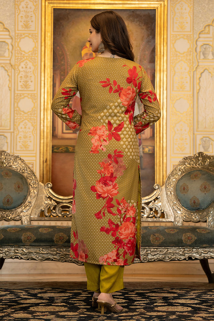 Green Silk Blend Floral Printed Straight Suit Set With Trouser Bottom | SHOBITAM